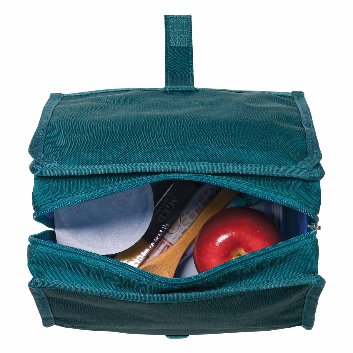 freezable-lunch-bag-s5 freezable-lunch-bag-deep-teal-top-view-packed.jpg